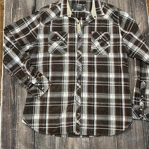 BKE Men’s Casual Brown and White Plaid Shirt Snap